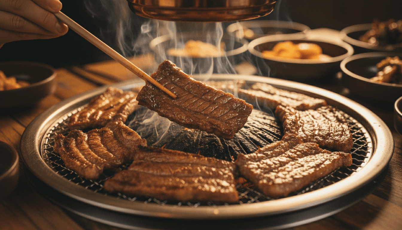 Grilled Korean short ribs sizzling on a tabletop grill with steam rising, diner reaching with chopsticks