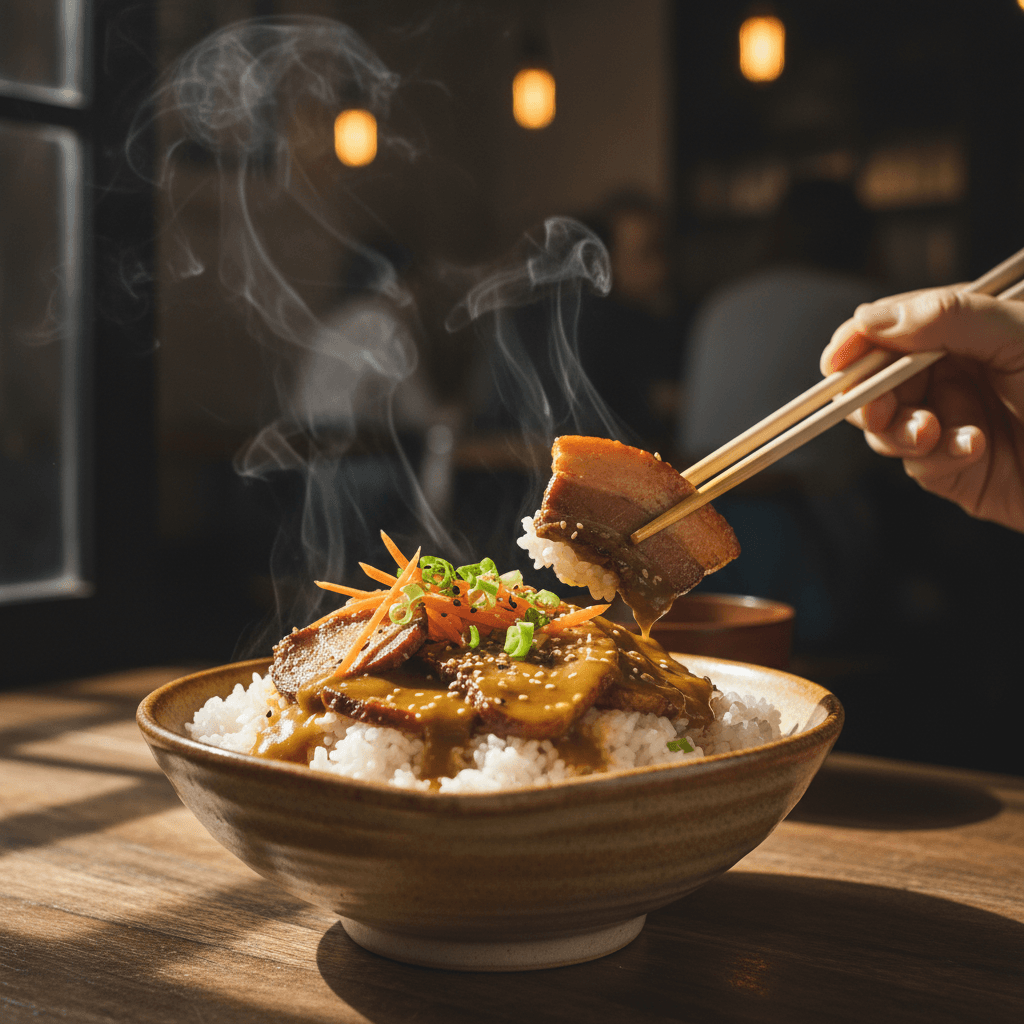 A beautifully composed bibimbap bowl with egg, vegetables, and gochujang sauce on a ceramic plate