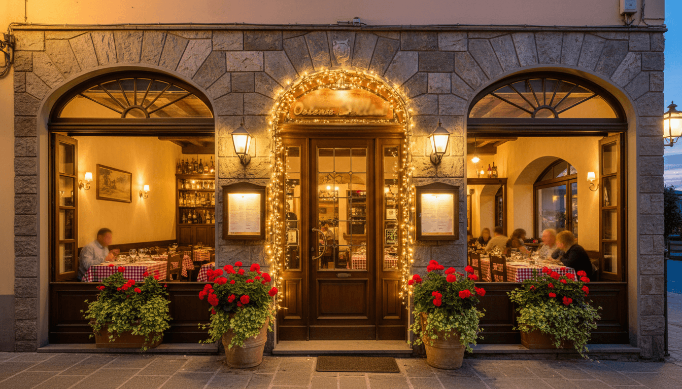 Warm exterior view of MIGAM 미감 Korean restaurant storefront at dusk with soft golden lighting